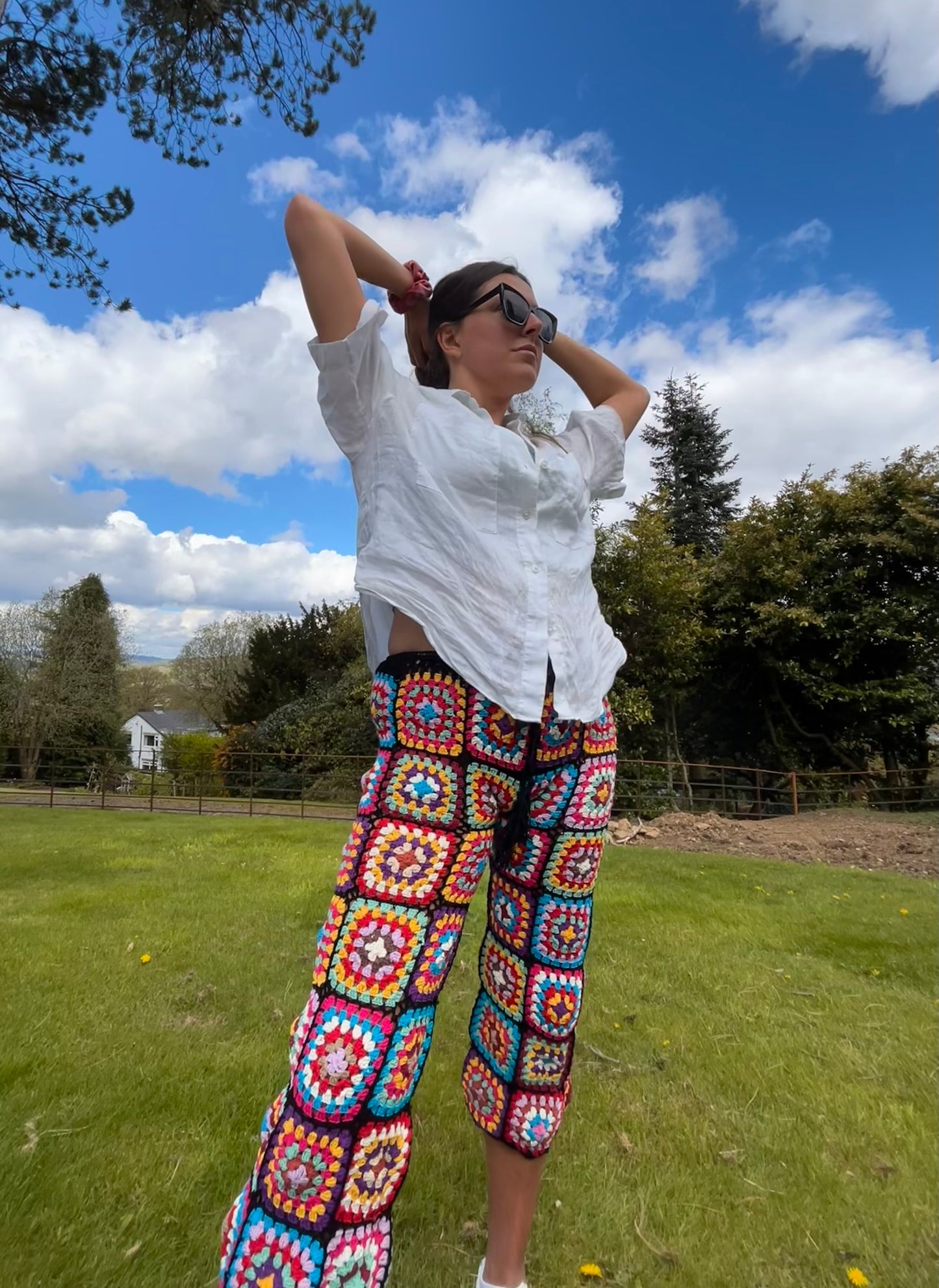 Black Granny square flare trousers with drawstring waist