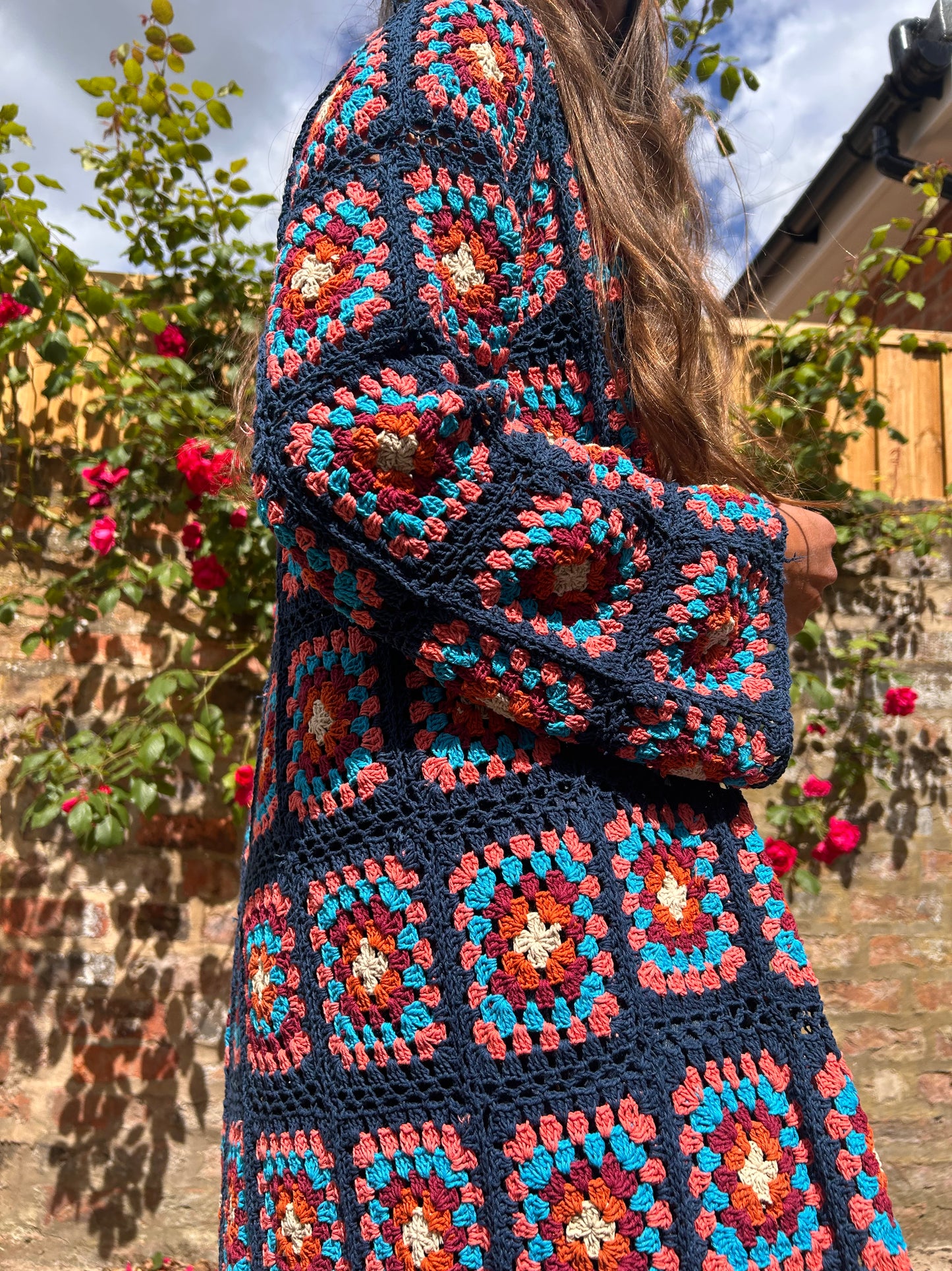 “Down by the beach” Granny square maxi crochet cardigan with tassels