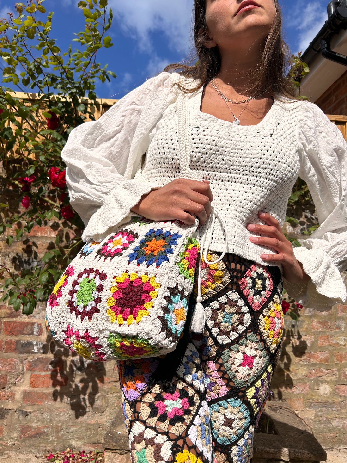 Granny Square Tote Bag with button