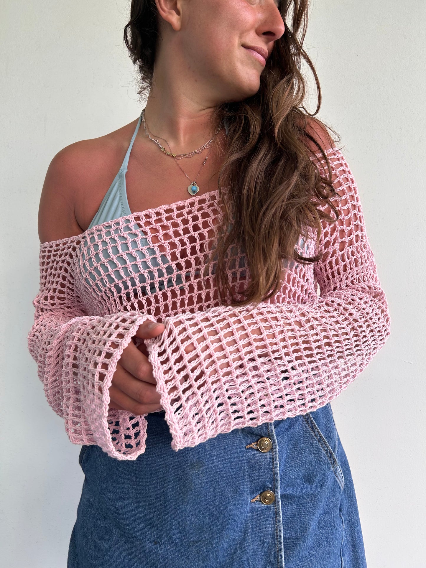 Baby pink crochet flare sleeve long sleeve top (L/XL)
