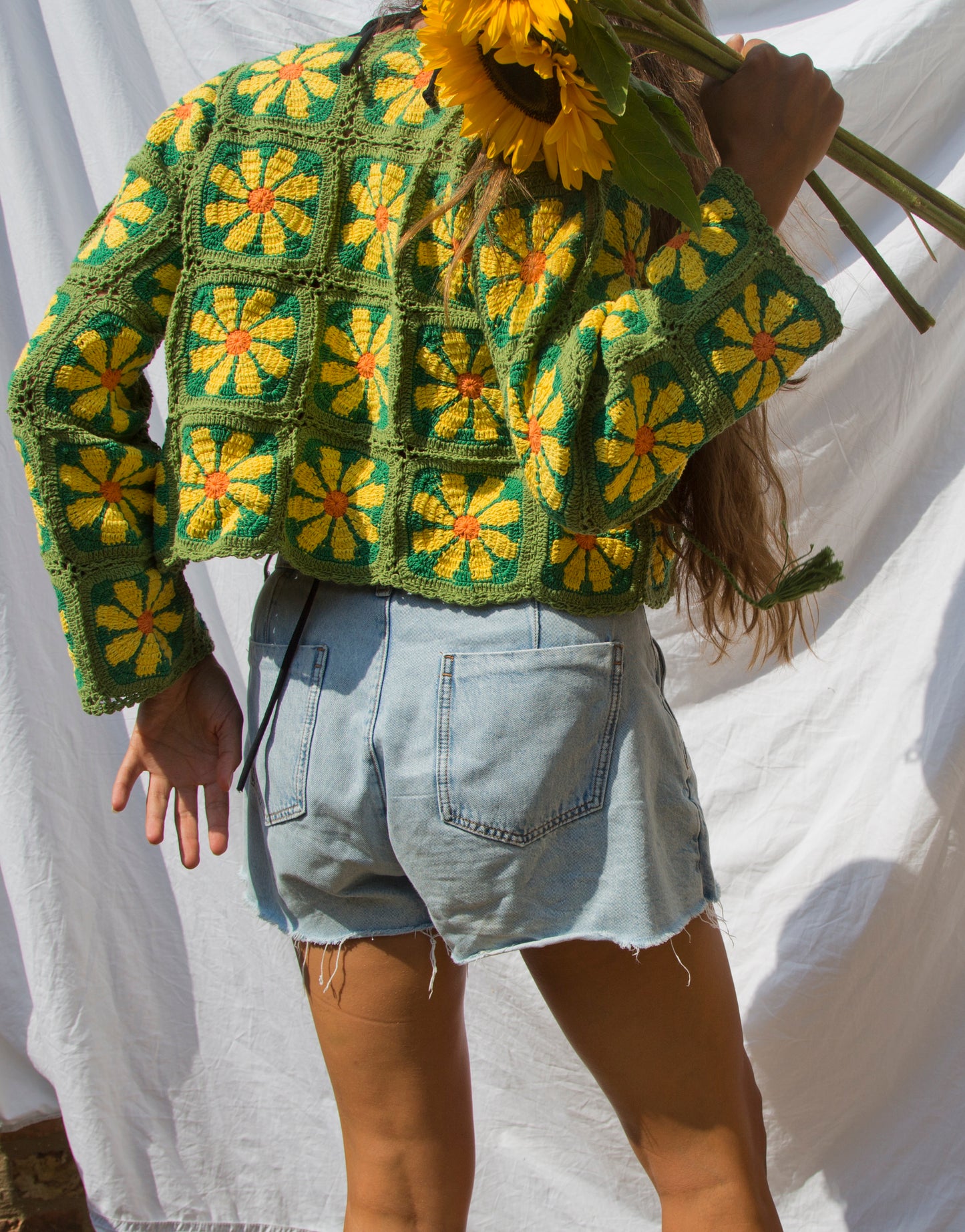Retro Flower Power in Green Crochet Cardigan