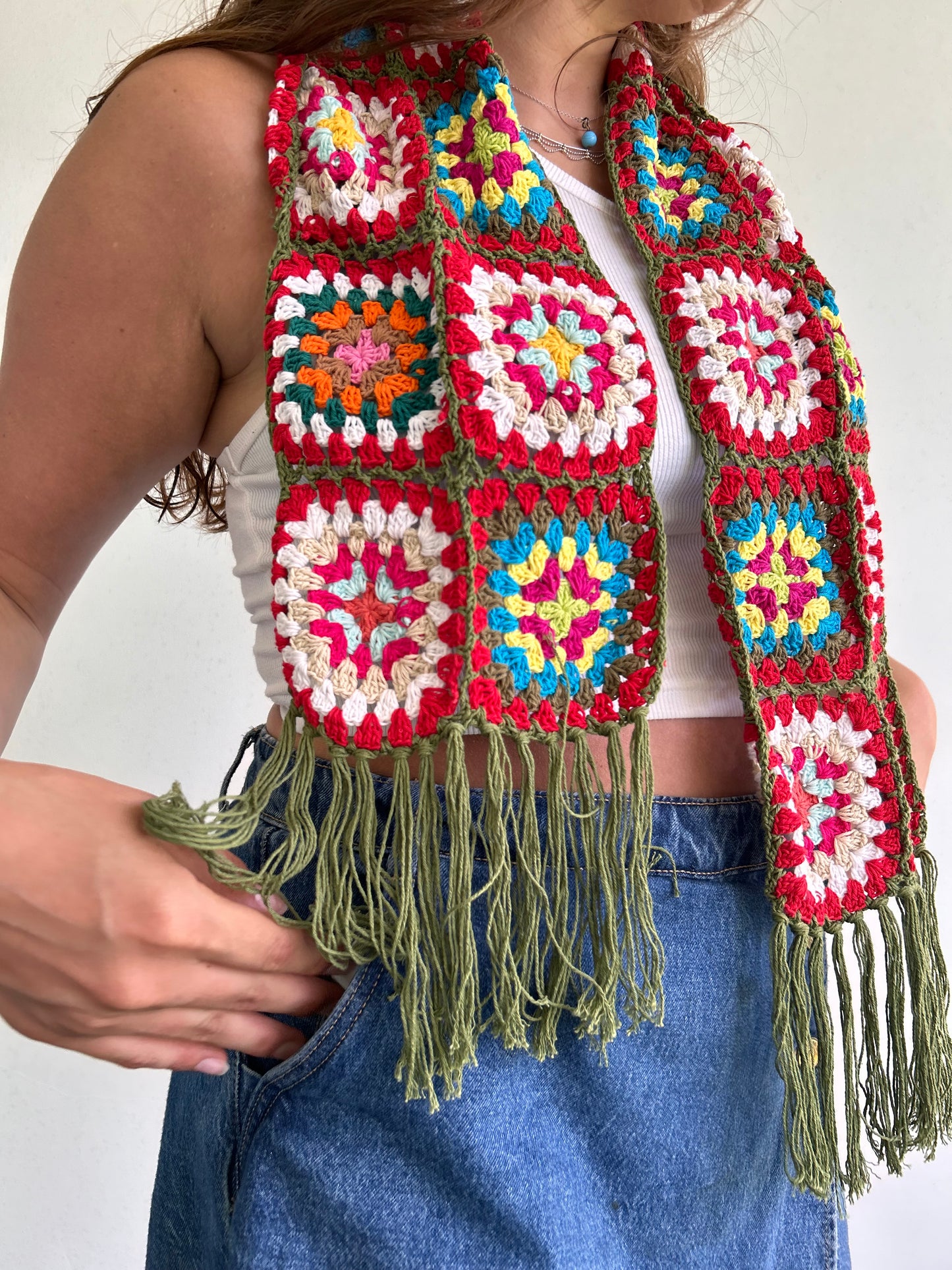 Granny Square crochet mini scarf with tassels