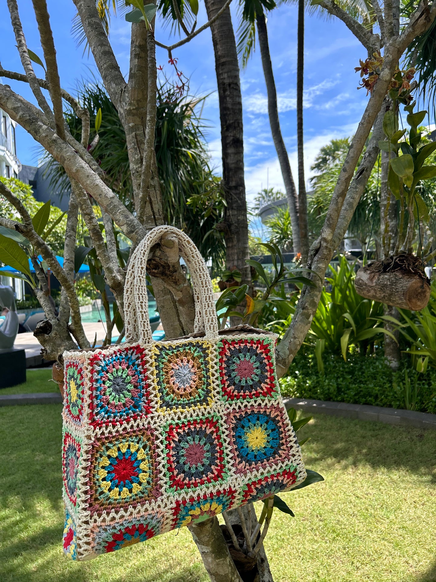 Crochet wicker tote beach bag (smaller size)