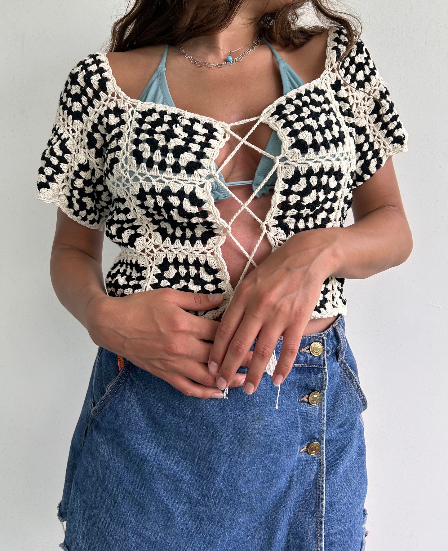 B&W granny square corset top / cardigan vest