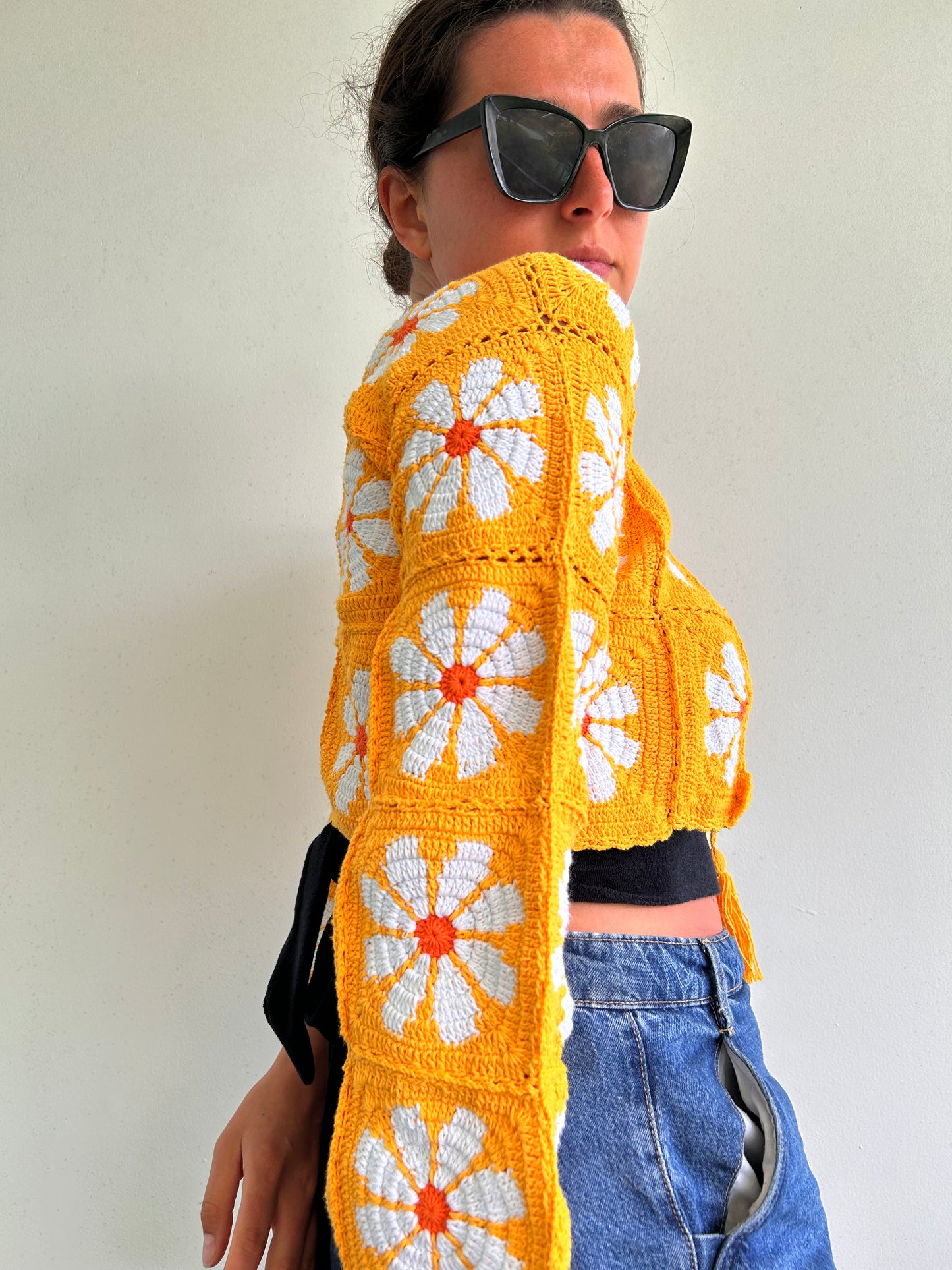 Flower Power 70’s inspired crochet cardigan with tassel tie