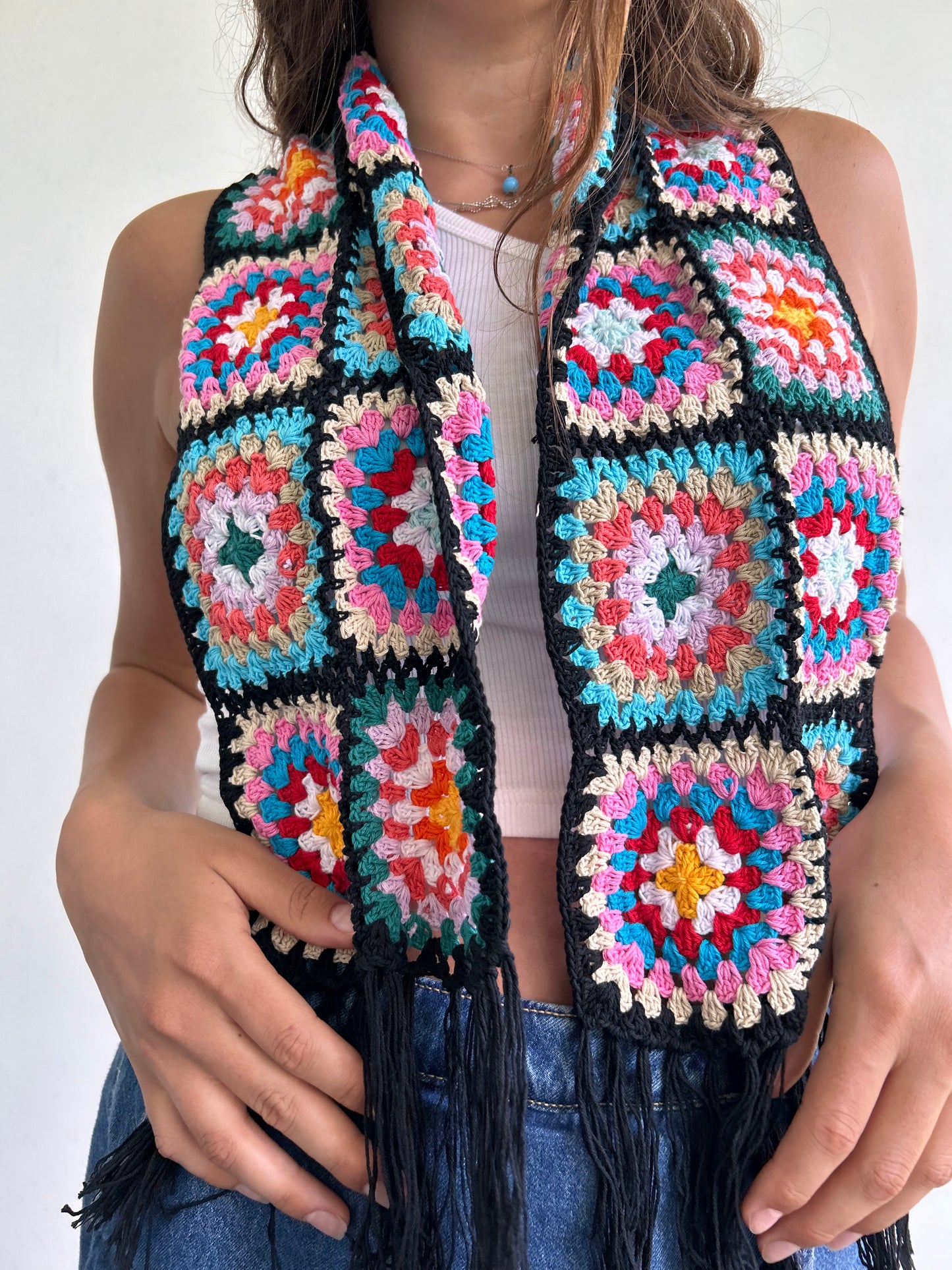 Granny Square crochet mini scarf with tassels