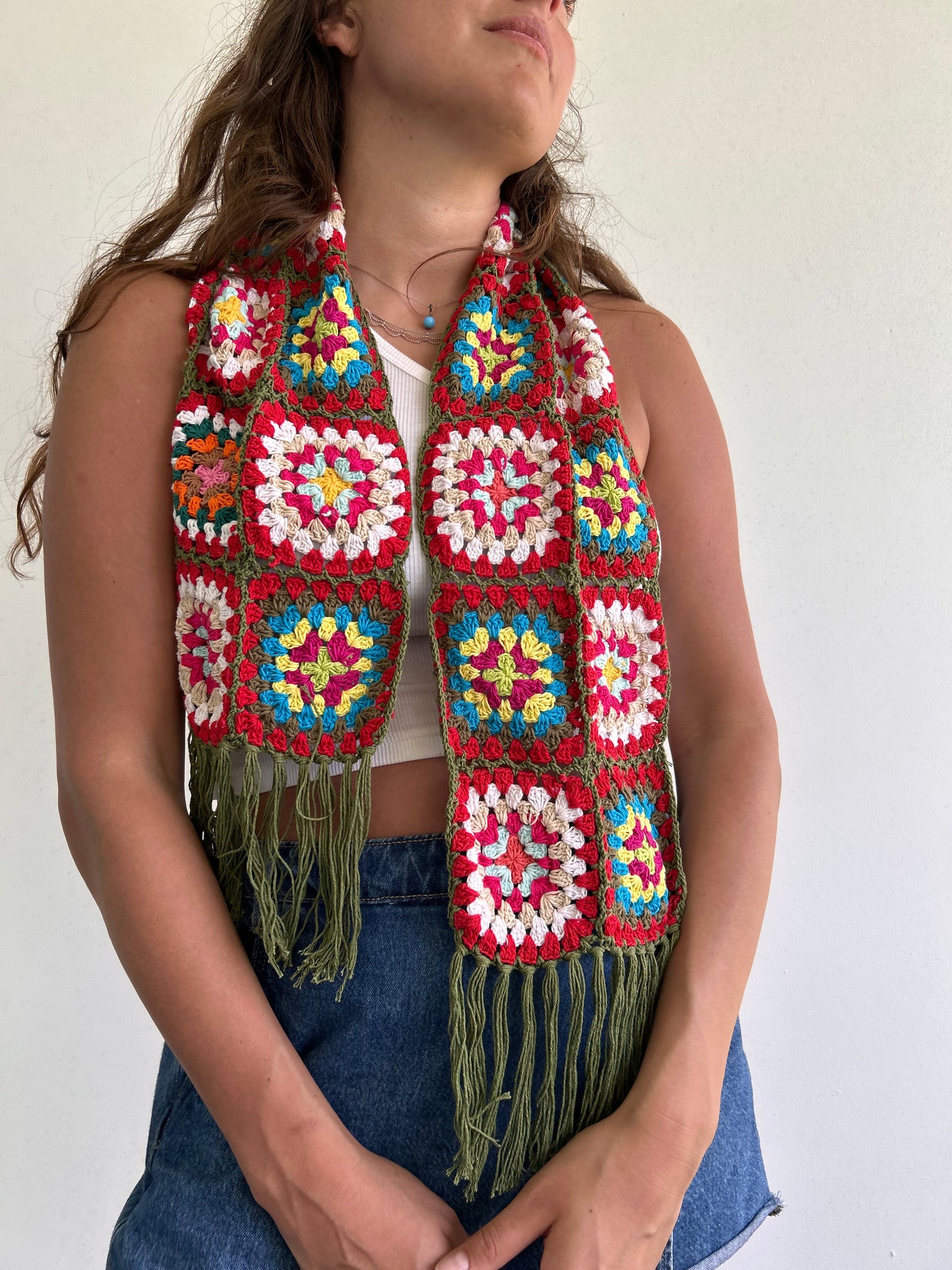 Granny Square crochet mini scarf with tassels