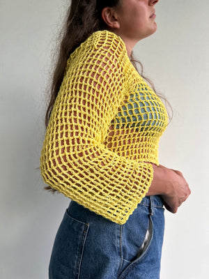 Yellow crochet flare sleeve long sleeve top (M/L)