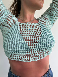 Light blue crochet flare sleeve long sleeve top (M/L)