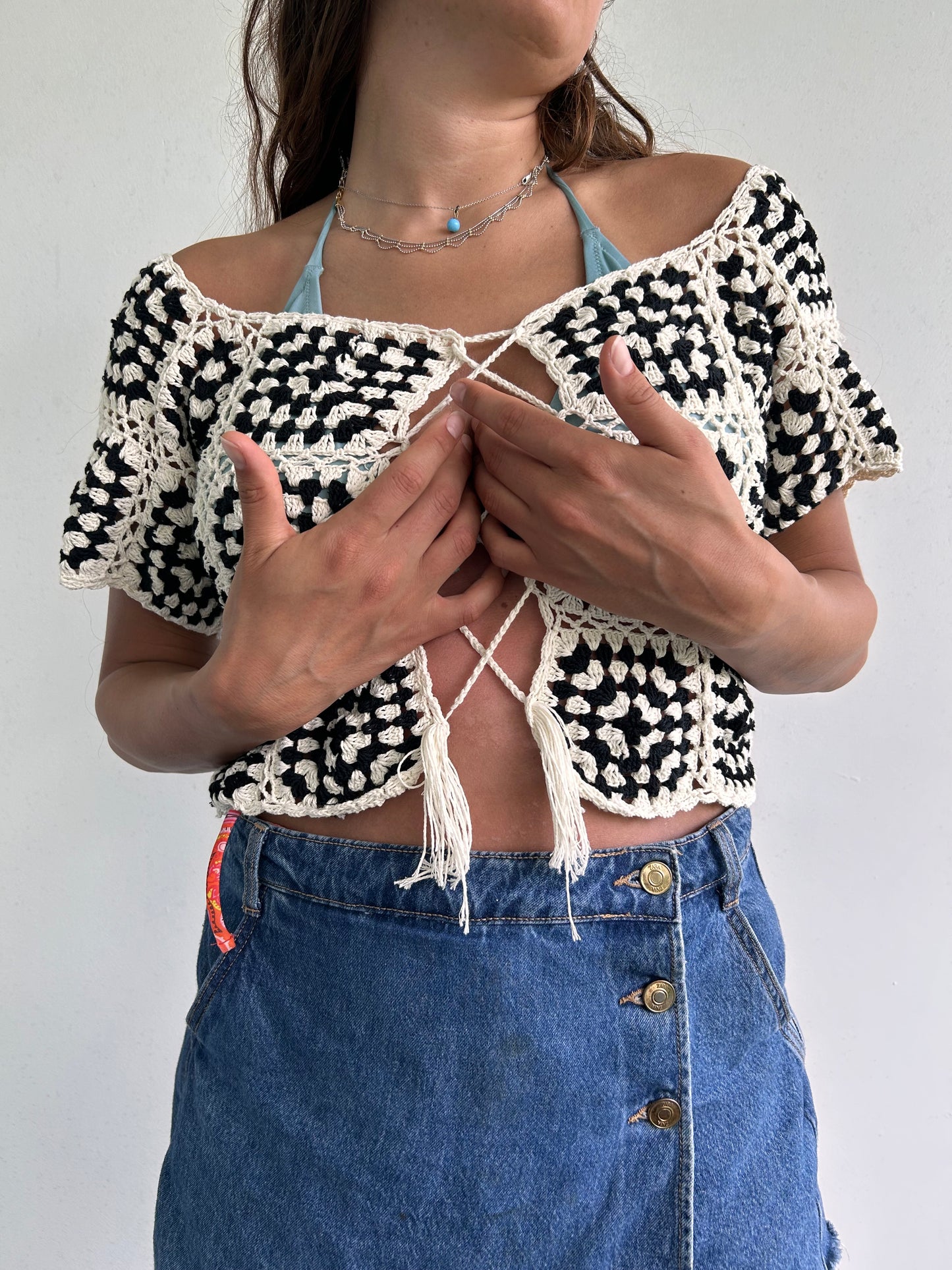 B&W granny square corset top / cardigan vest