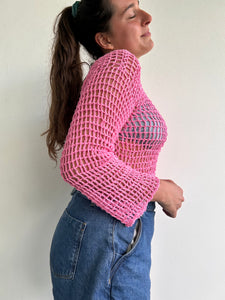 Bubblegum pink crochet flare sleeve long sleeve top (M/L)