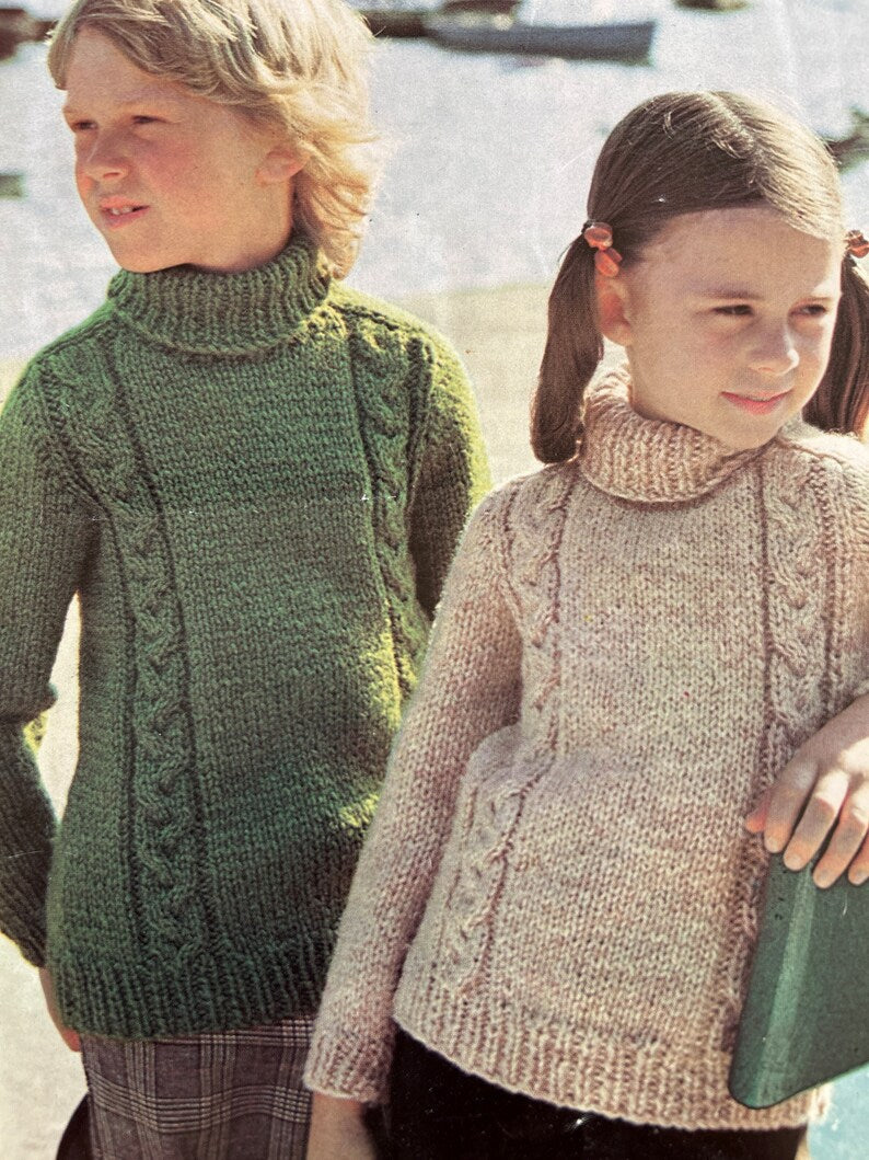 Digital Out-of-Print Patons Knitting Pattern 1226, kids roll neck cable knit jumper / sweater from 1975