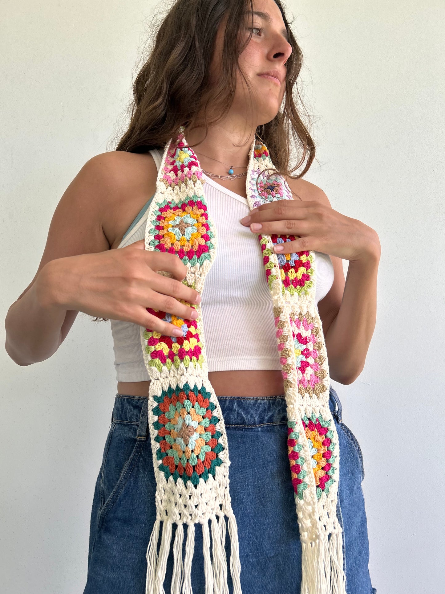 Granny Square crochet mini scarf with tassels