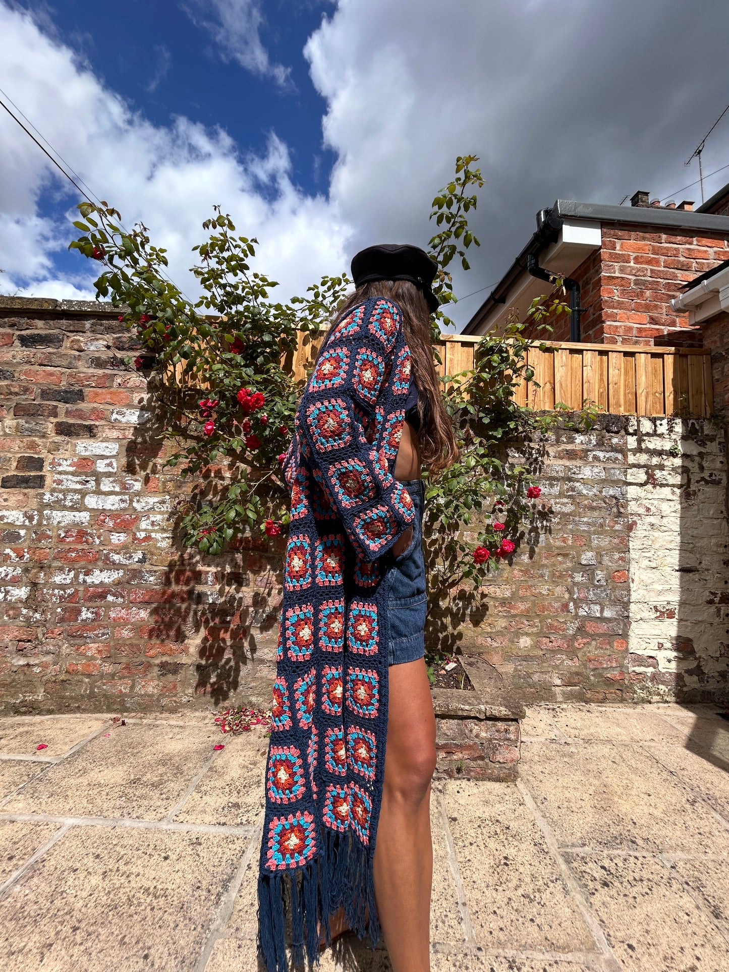 “Down by the beach” Granny square maxi crochet cardigan with tassels