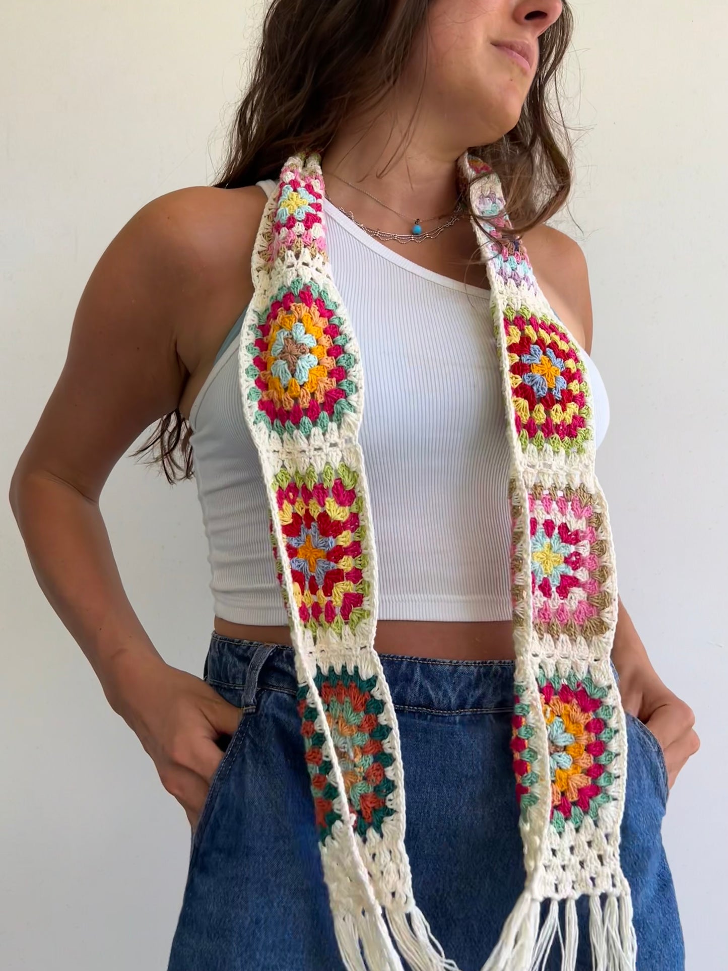 Granny Square crochet mini scarf with tassels