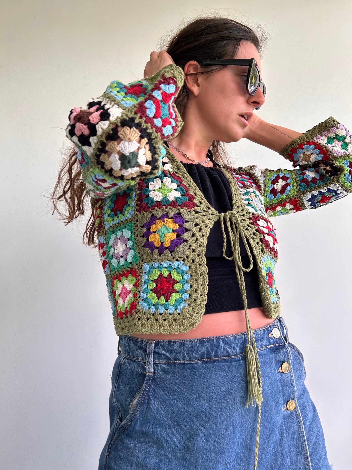 Olive Green granny square crochet cardigan