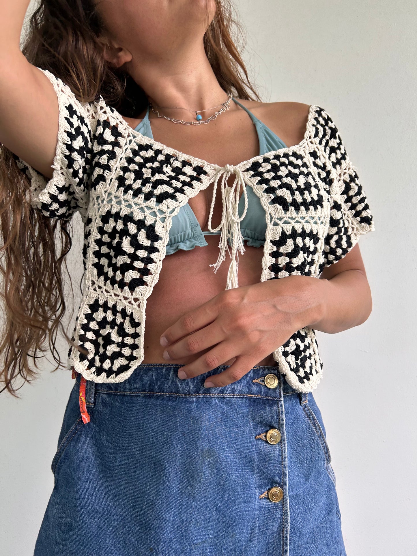 B&W granny square corset top / cardigan vest