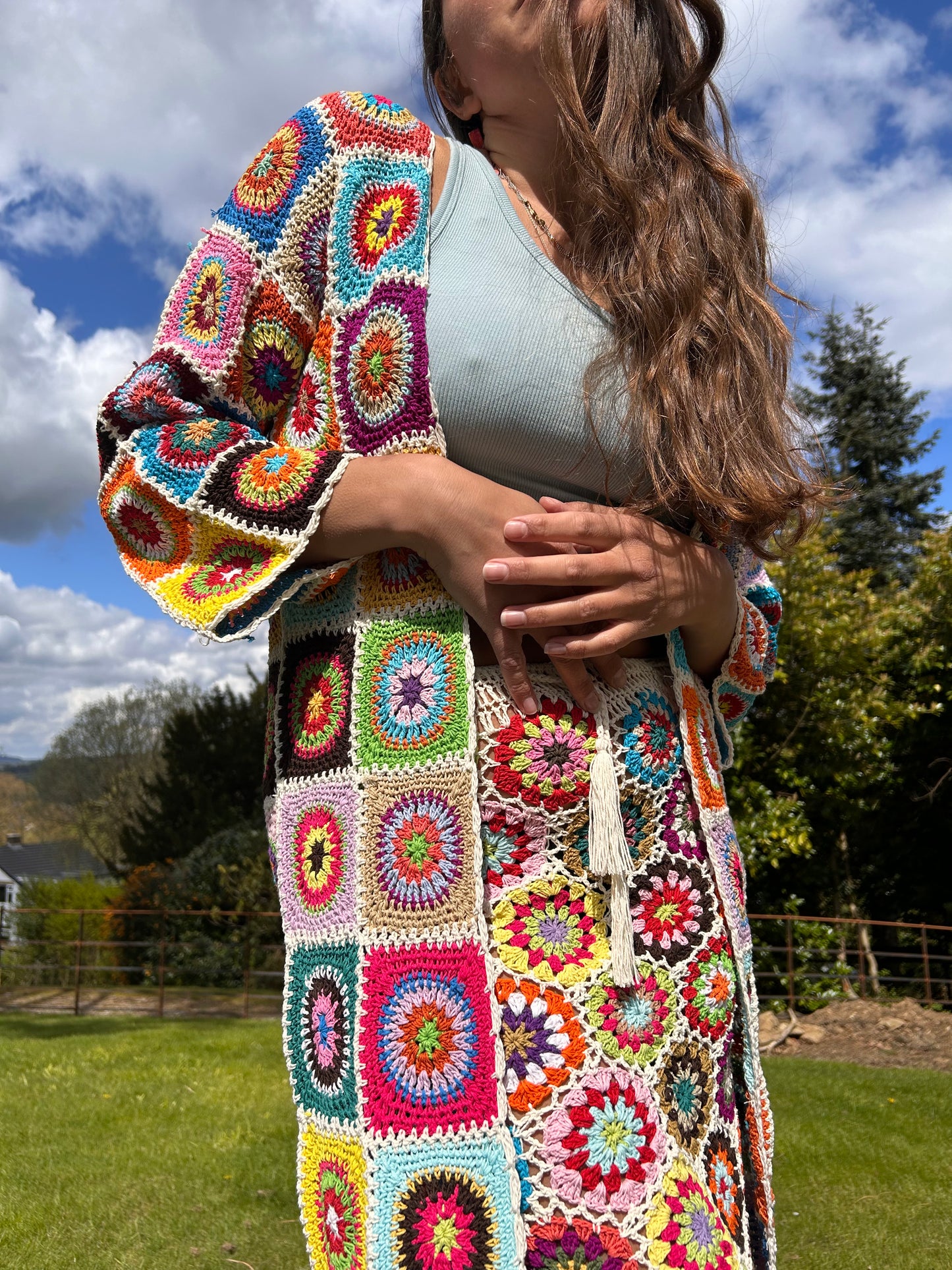 Granny square maxi crochet cardigan with tassels