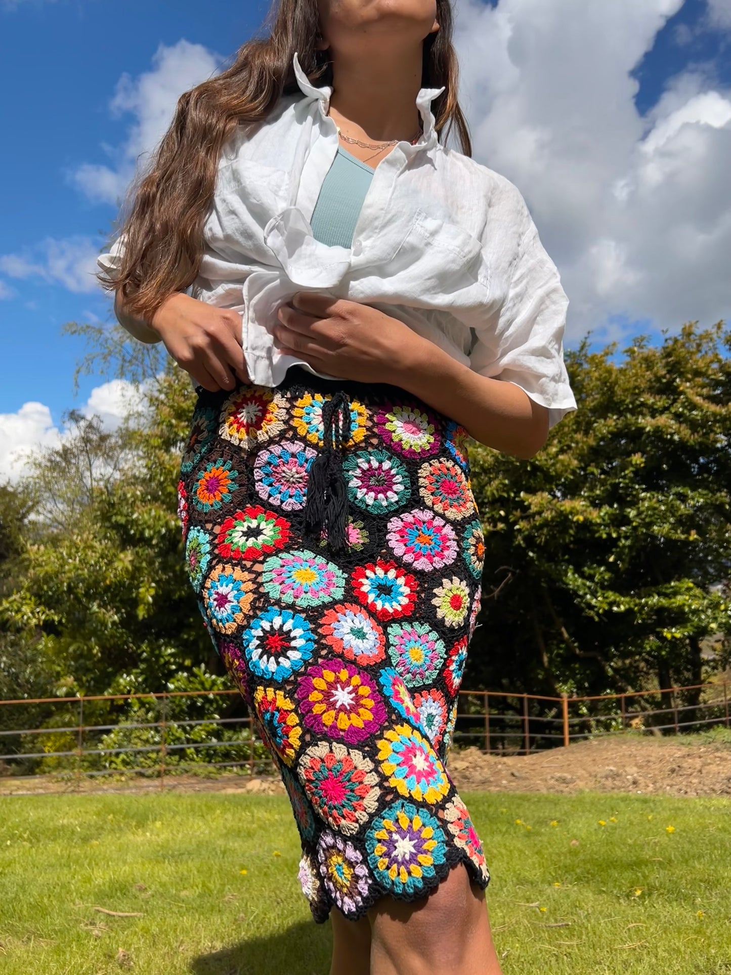 Midi Meadow Black Floral Crochet Skirt