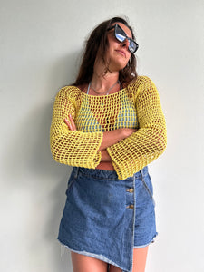 Yellow crochet flare sleeve long sleeve top (M/L)