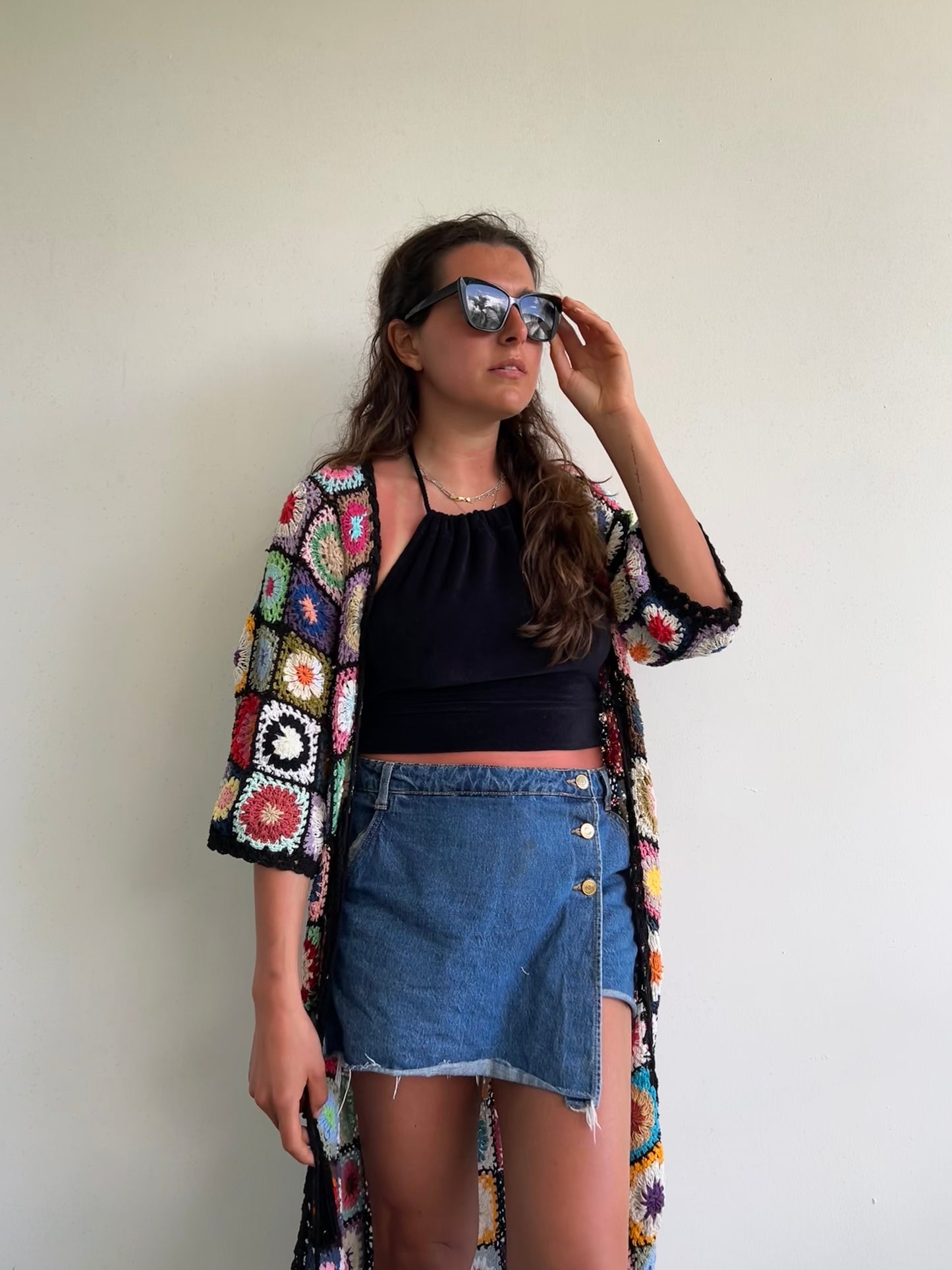 Black granny square maxi crochet cardigan