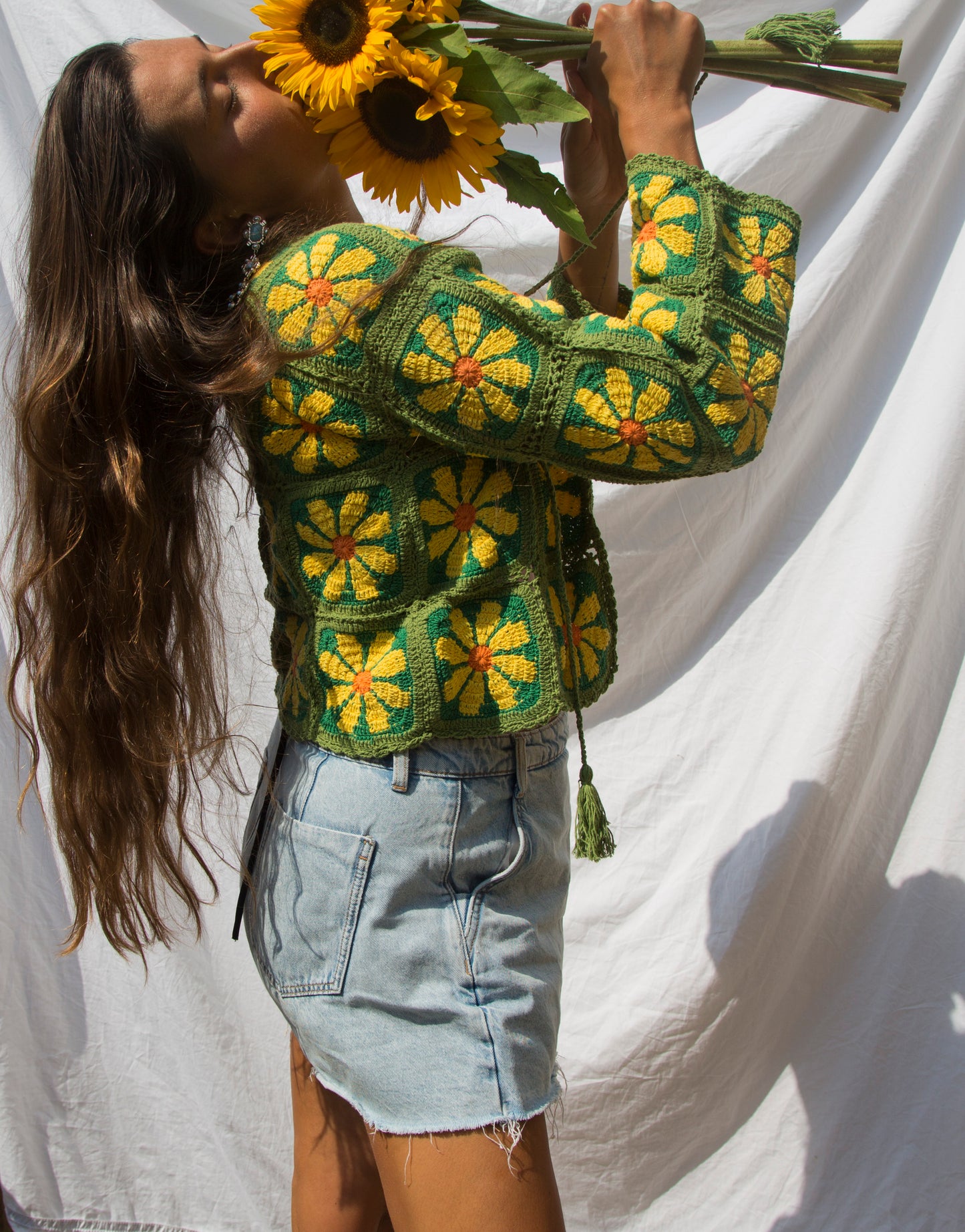 Retro Flower Power in Green Crochet Cardigan