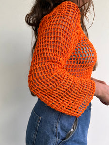 Orange mesh crochet flare sleeve long sleeve top (M/L)