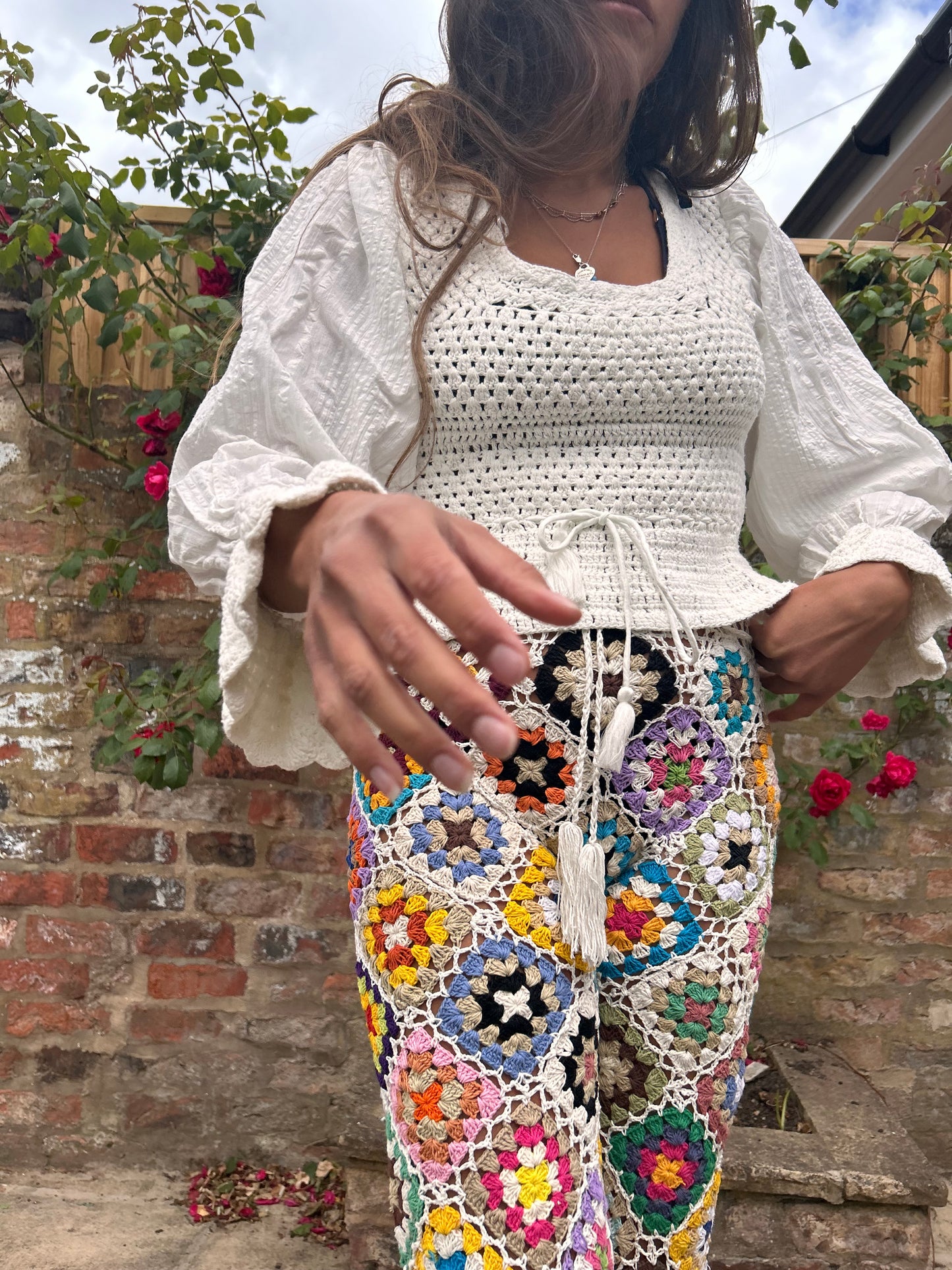 White Granny square flare pom pom trousers with drawstring waist