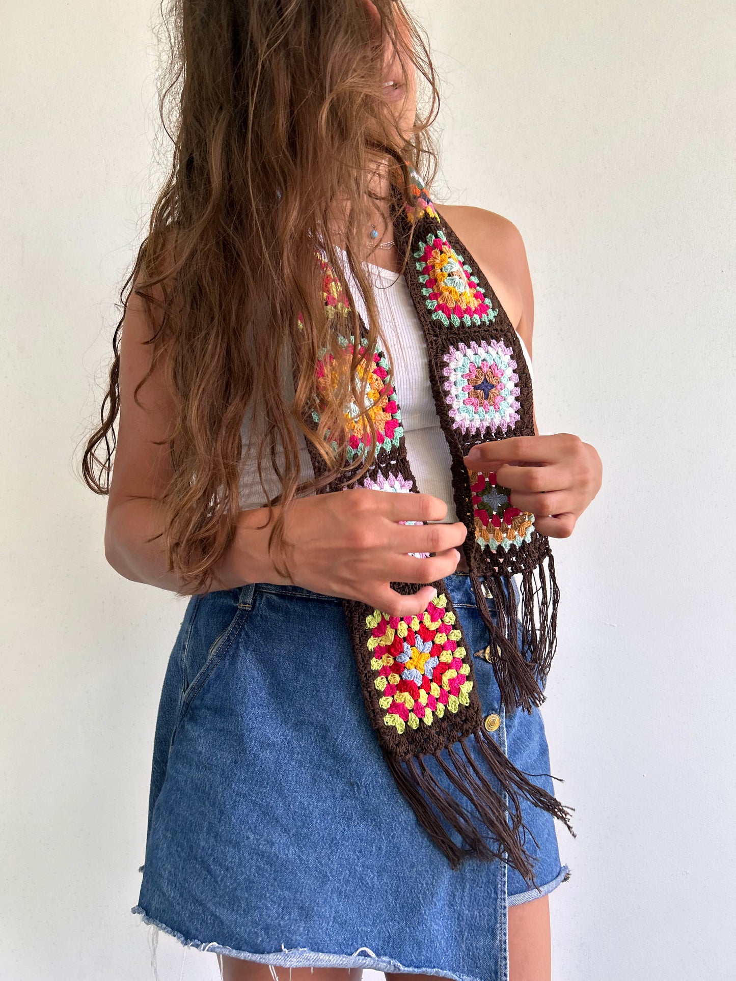 Granny Square crochet mini scarf with tassels