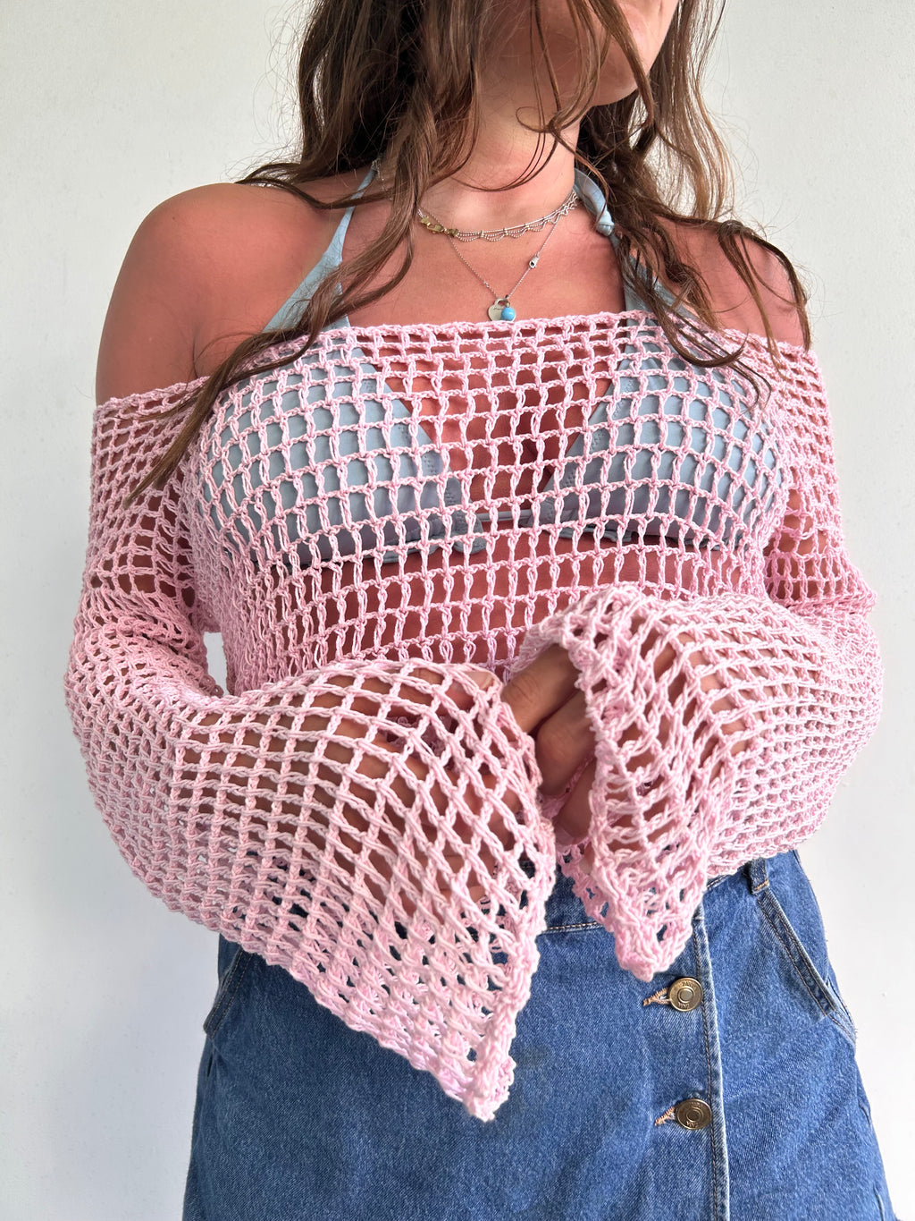 Baby pink crochet flare sleeve long sleeve top (L/XL)