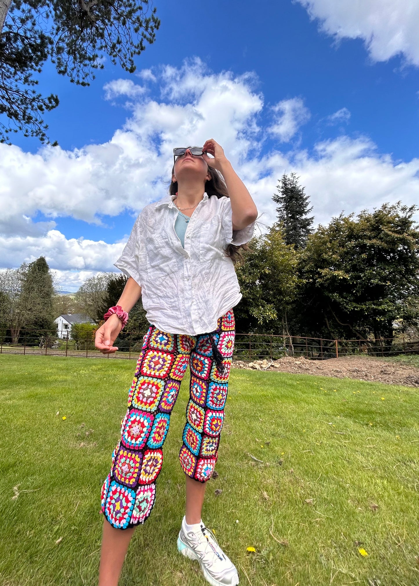 Black Granny square flare trousers with drawstring waist