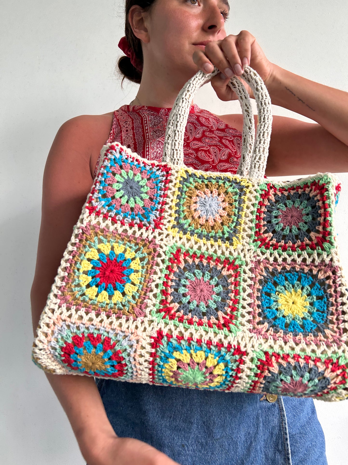 Crochet wicker tote beach bag (smaller size)
