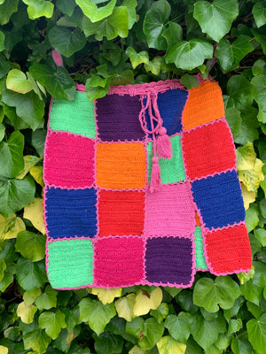Multicoloured Checkerboard Crochet Skirt with Split