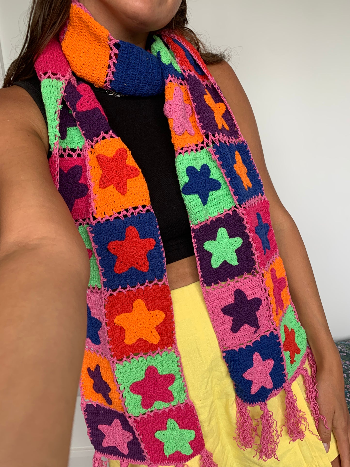 SAMPLE Reversible Stardust & Checkerboard multicoloured scarf with tassels