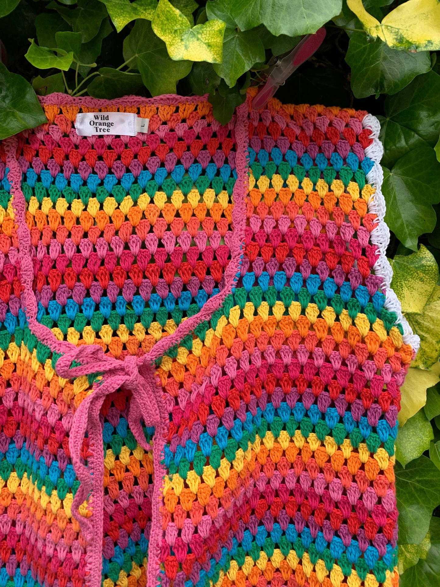Rainbow Dreamer Crochet Vest with tassel tie