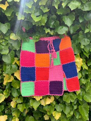 Multicoloured Checkerboard Crochet Skirt with Split