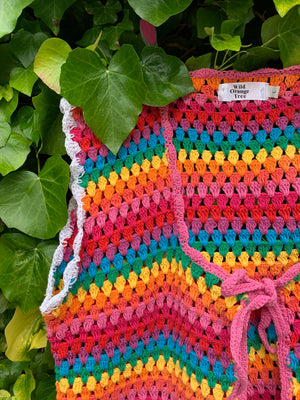 Rainbow Dreamer Crochet Vest with tassel tie