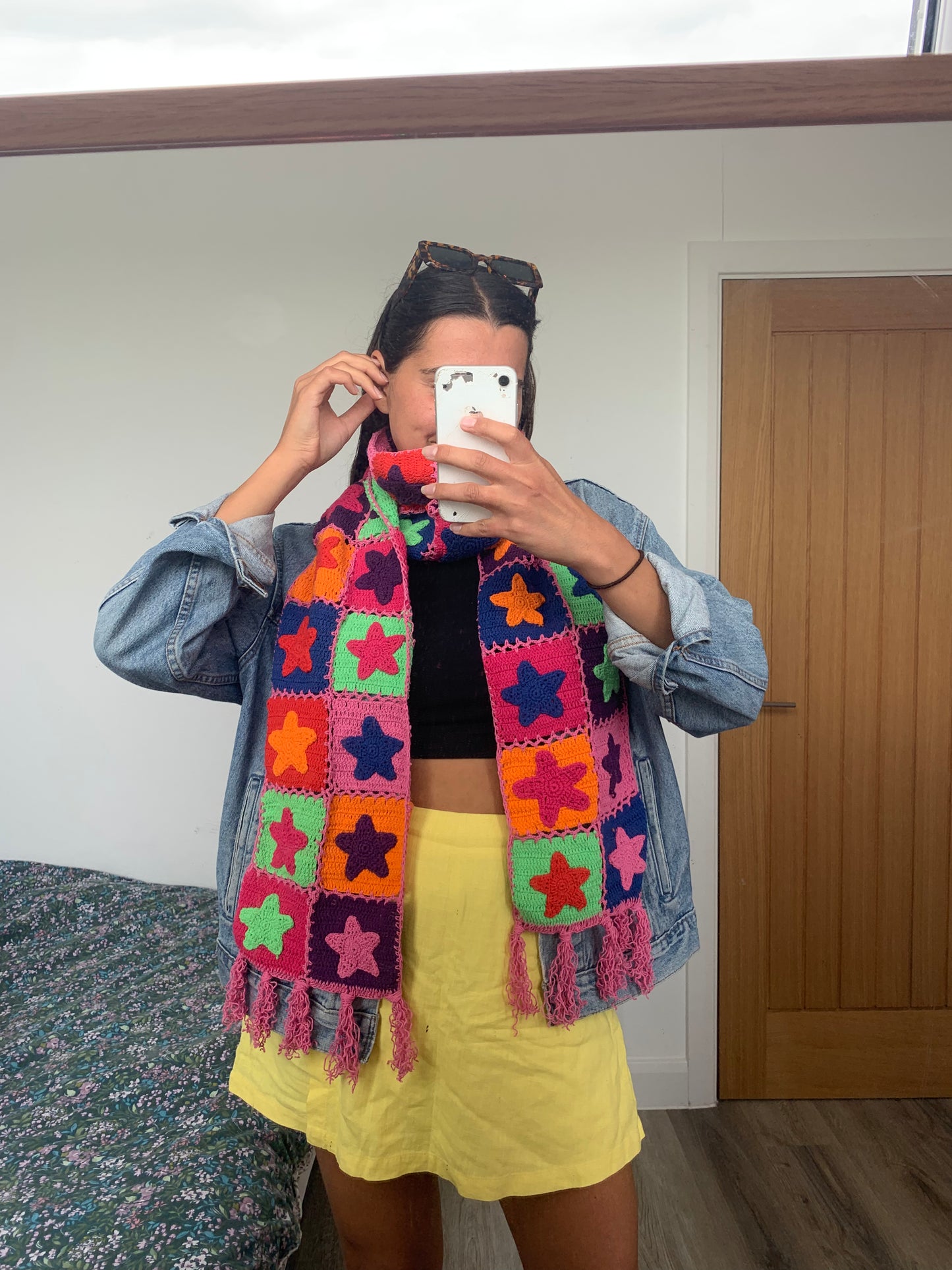 SAMPLE Reversible Stardust & Checkerboard multicoloured scarf with tassels