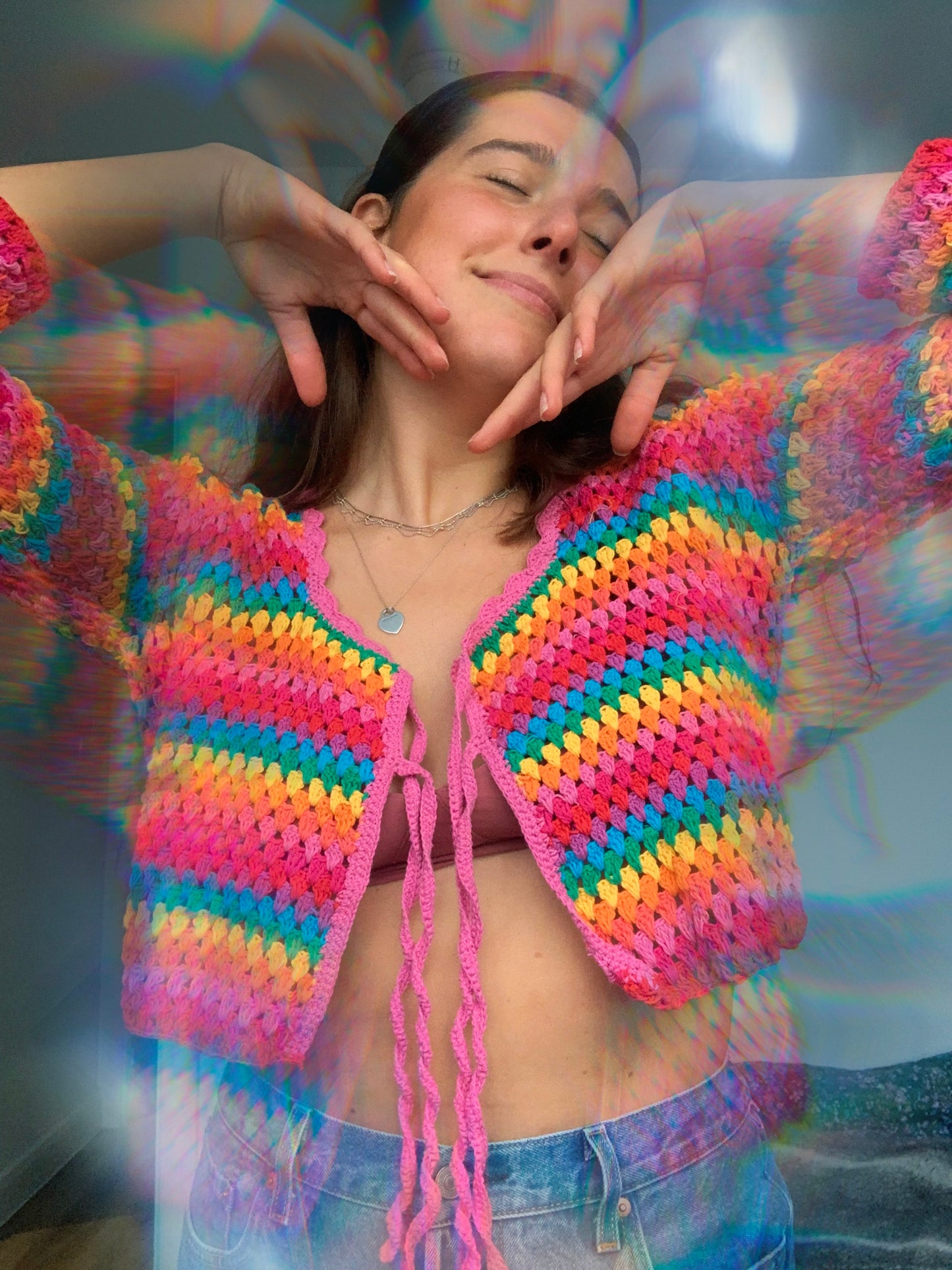 Rainbow Dreamer Crochet Cardigan with tassel tie