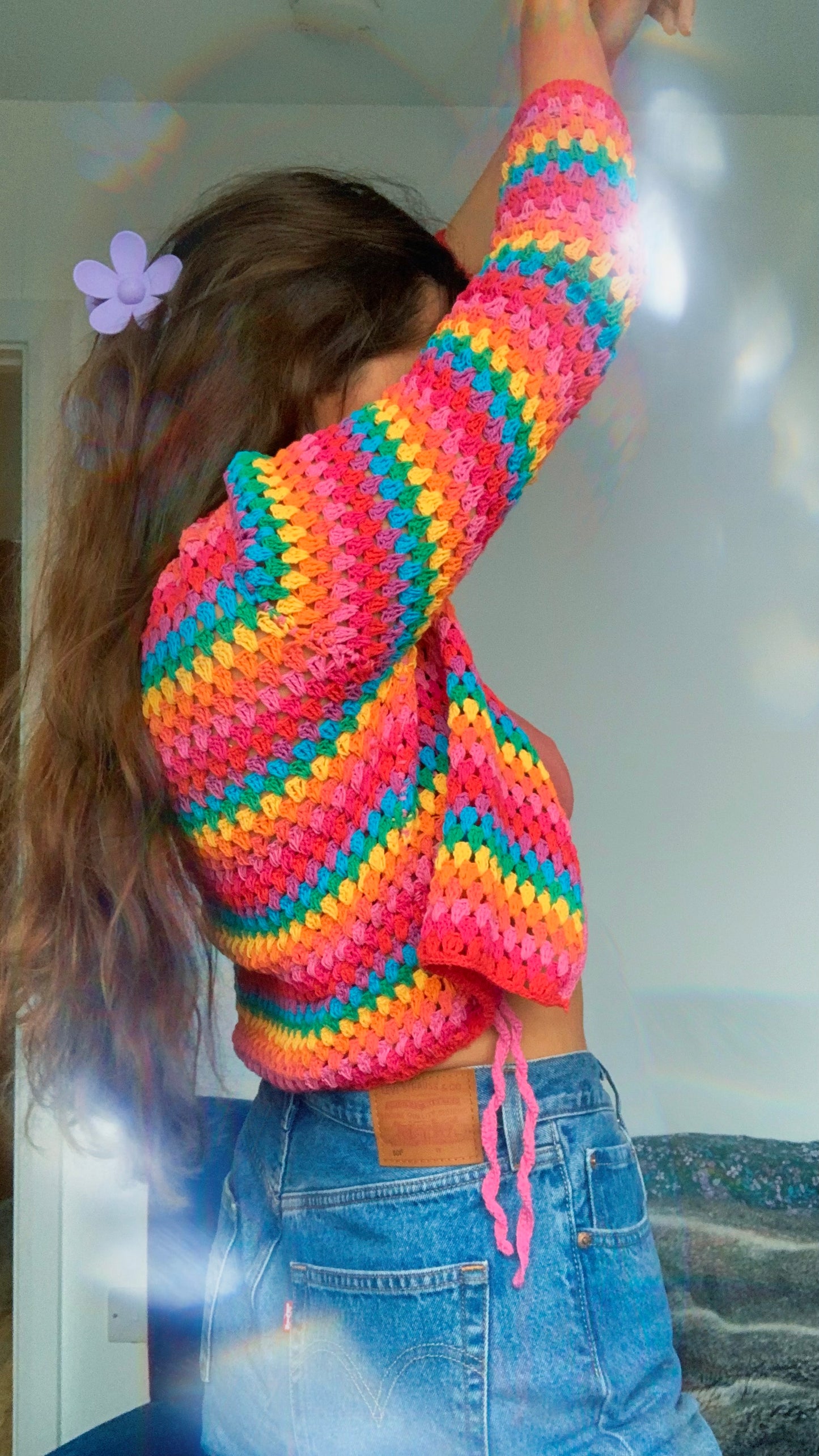 Rainbow Dreamer Crochet Cardigan with tassel tie
