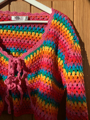 Rainbow Dreamer Crochet Cardigan with tassel tie