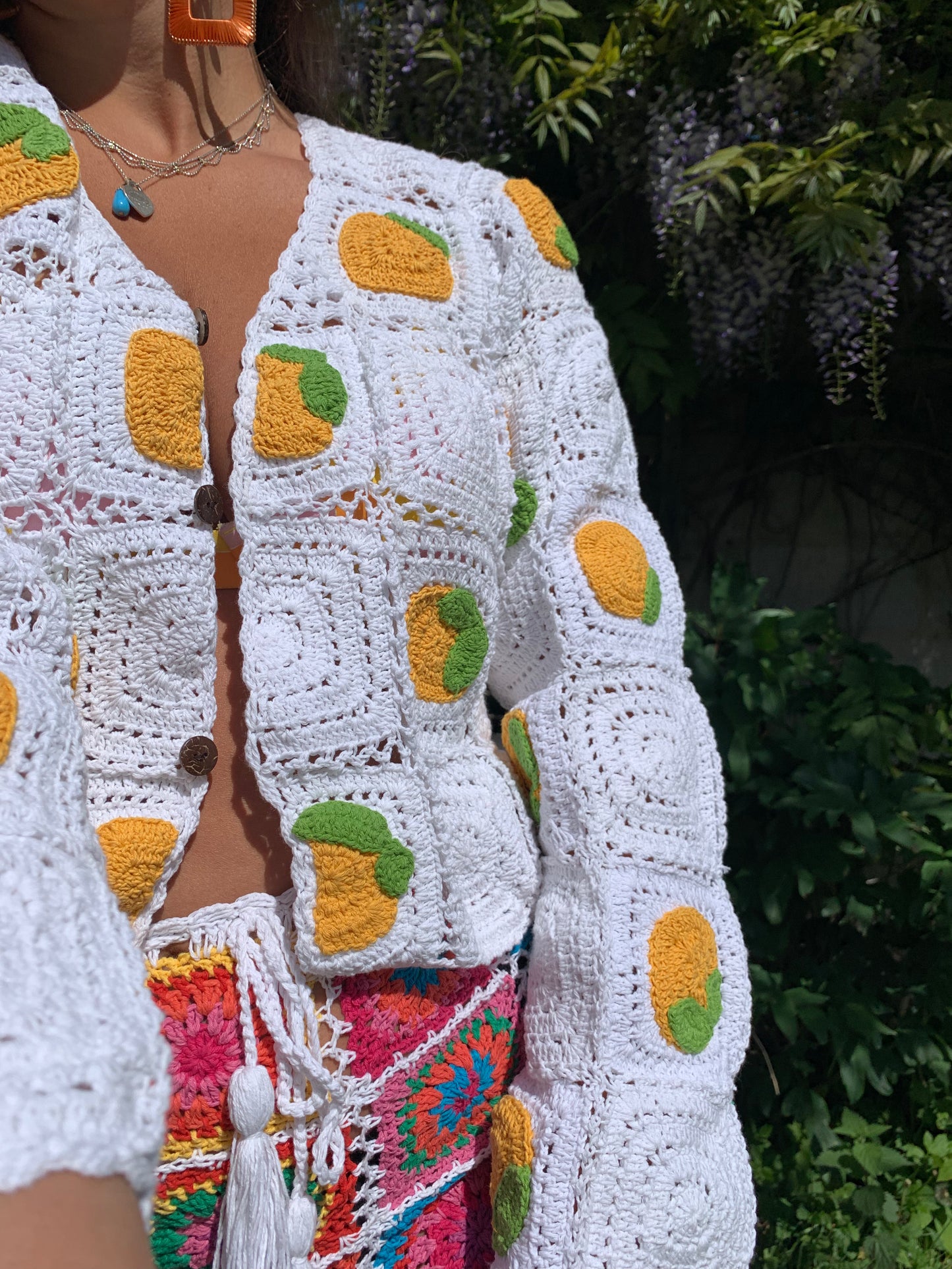 Lemon & White Citrus Granny Square Crochet Cardigan