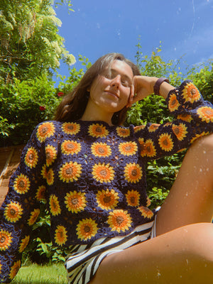 Sundance Kid in Blue Sunflower Crochet Jumper