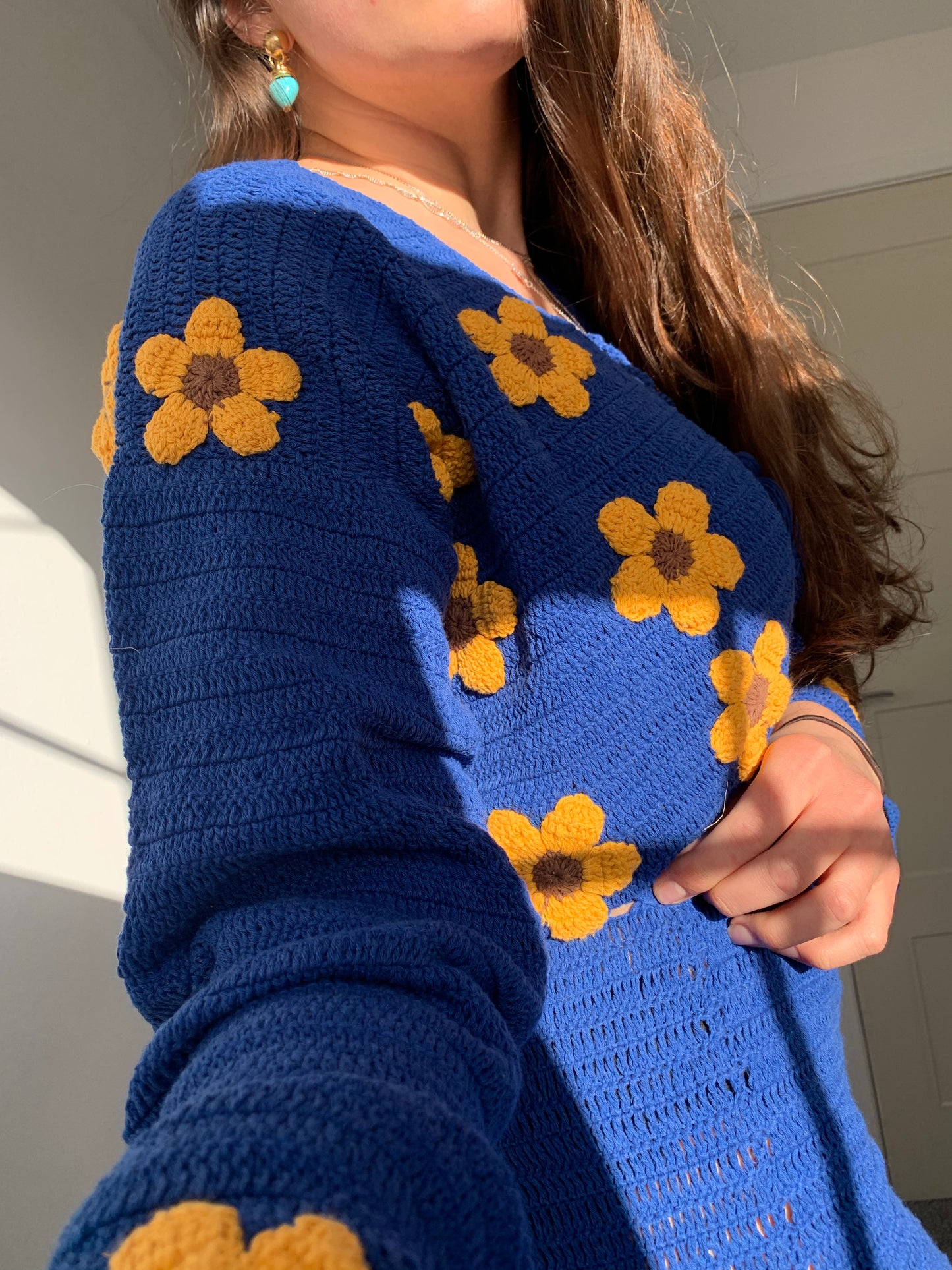 DAPHNE Blue & Yellow Flower Cardigan with Tassel Tie