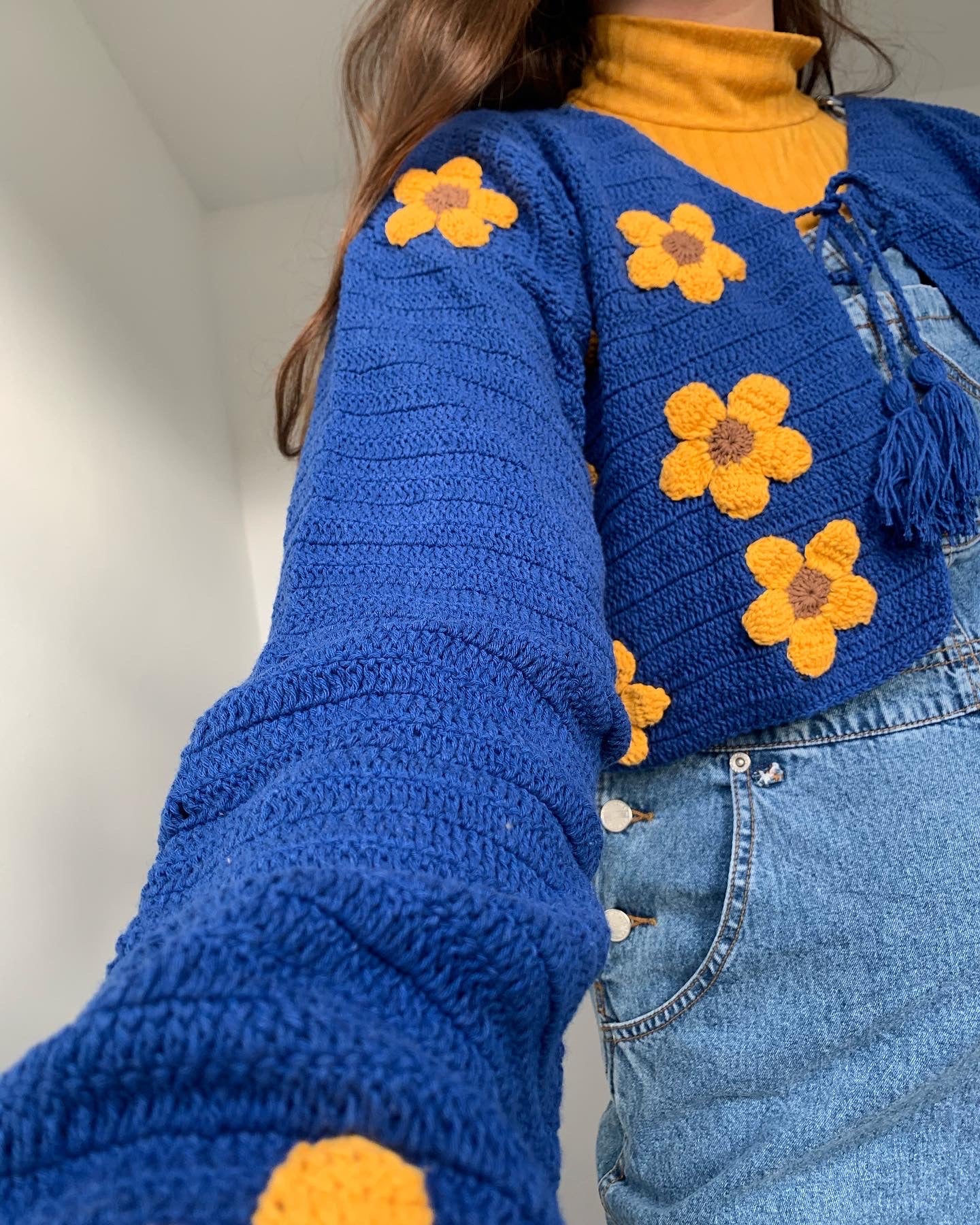 DAPHNE Blue & Yellow Flower Cardigan with Tassel Tie