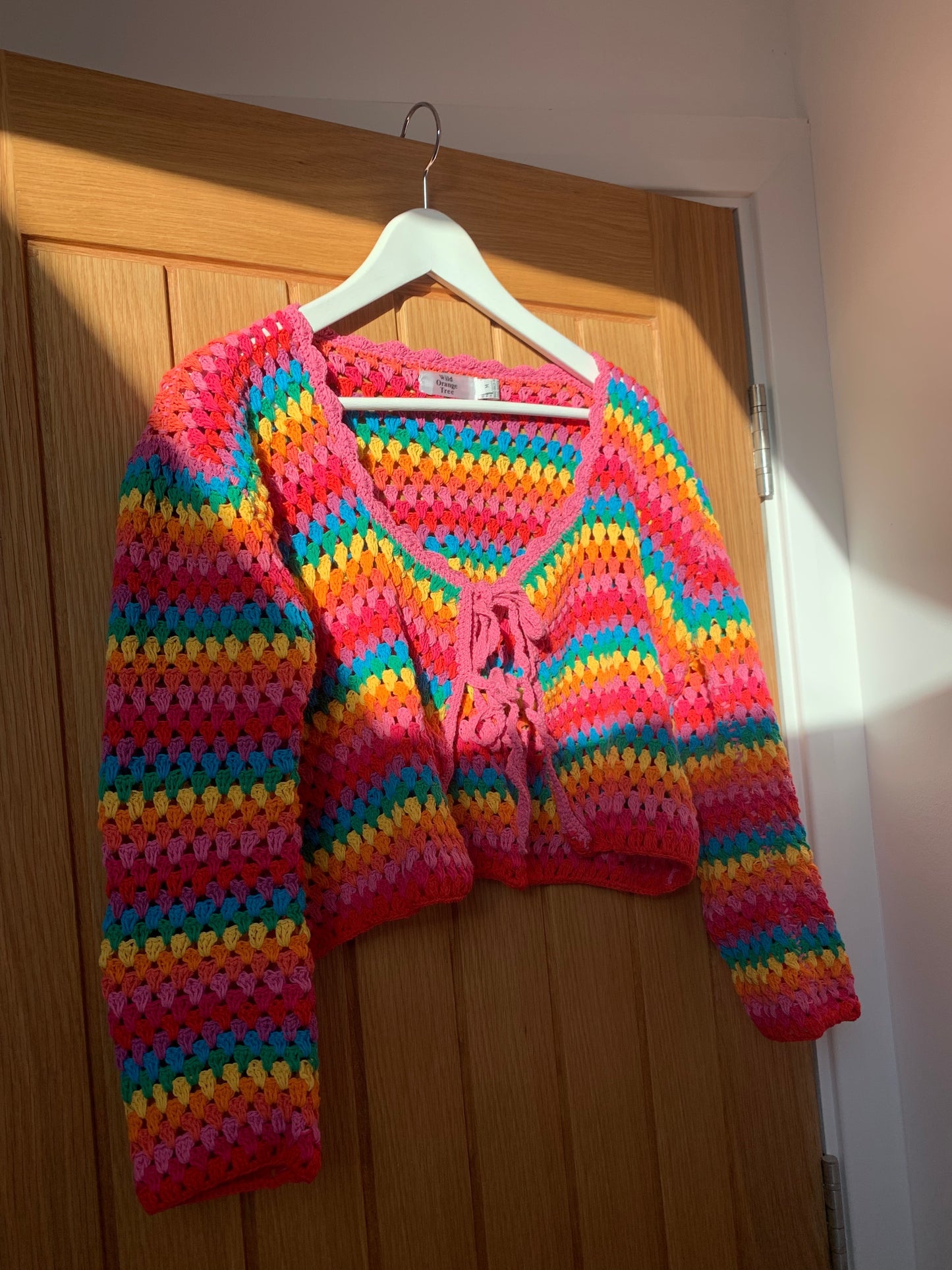 Rainbow Dreamer Crochet Cardigan with tassel tie