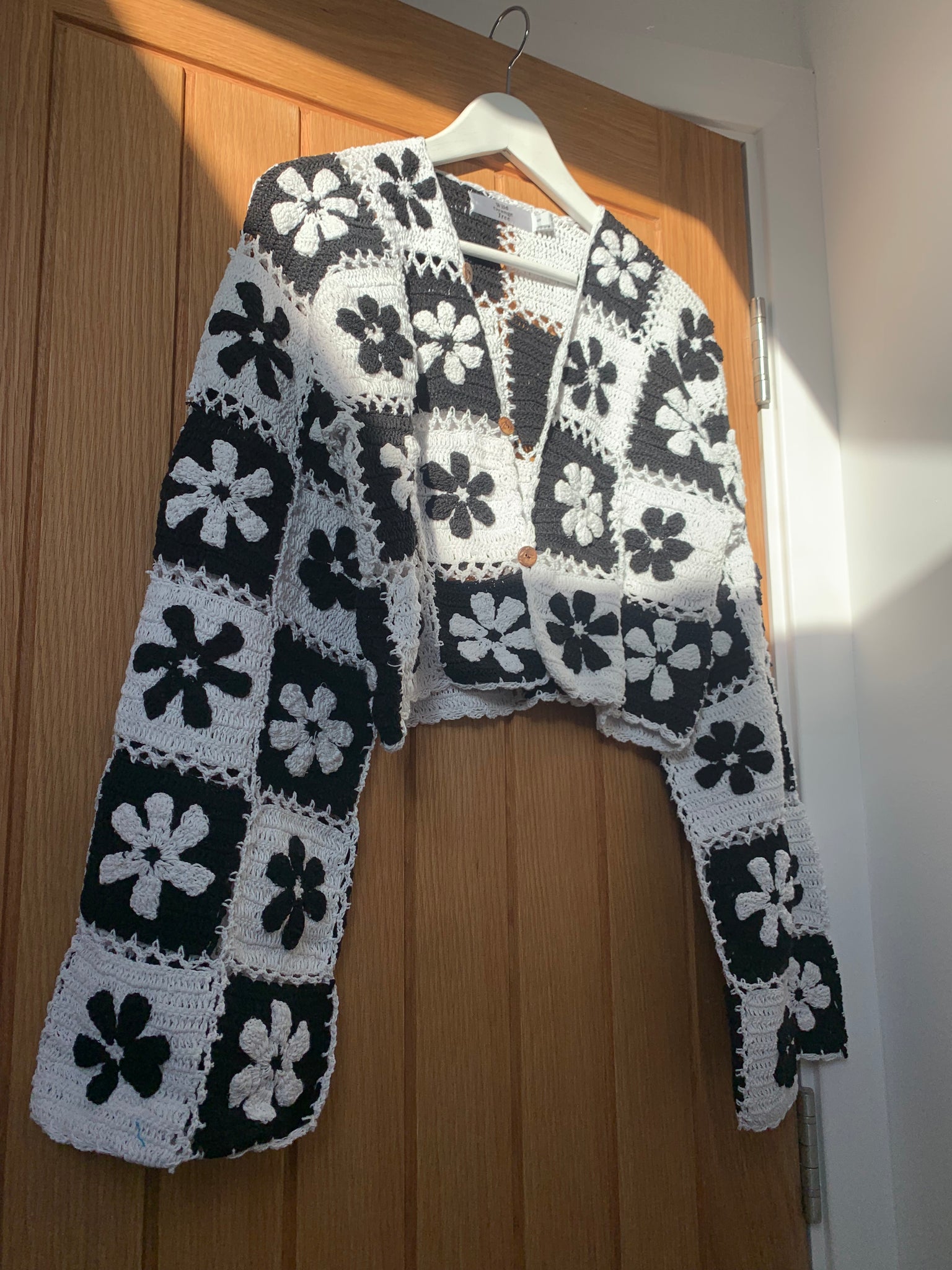 Reversible Floral Checkerboard Black & White crochet Cardigan