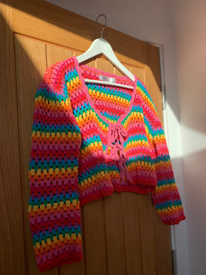 Rainbow Dreamer Crochet Cardigan with tassel tie
